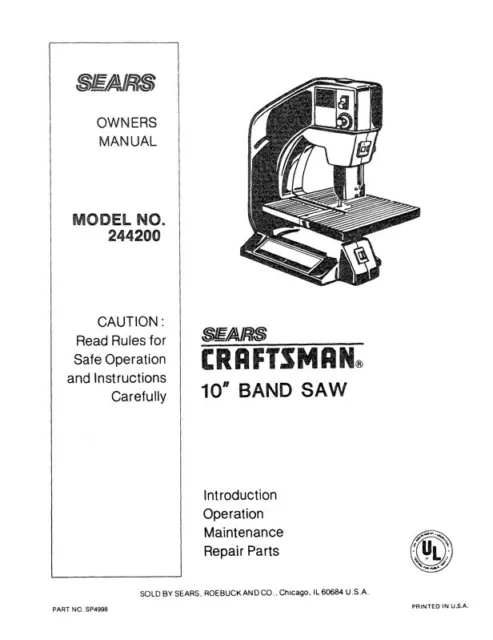 Owner’s Manual & Parts List Sears Craftsman  10” Band Saw - Model 244200