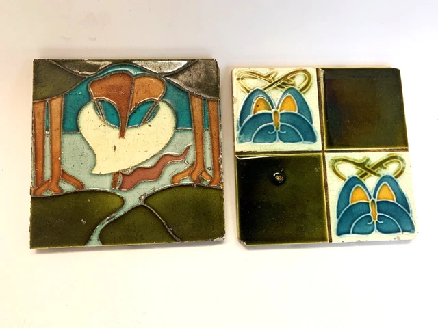 Pair of Art Nouveau Fireplace Tiles Tube Lined Hand-Painted  6 Inch