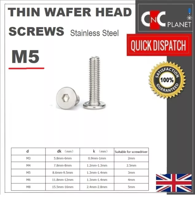 M5 Ultra Thin Wafer Flat Head Low profile Screws Bolt Allen Key Stainless Steel 2