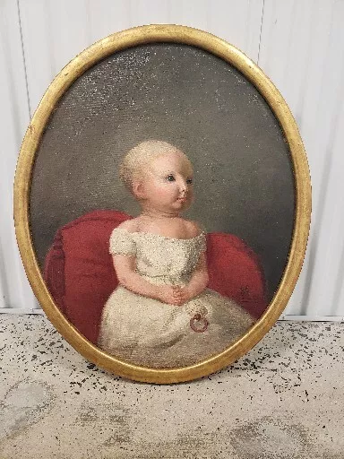 Antique 19th Century Oil Painting Portrait Child On Canvas Folk Art Gold Gilt