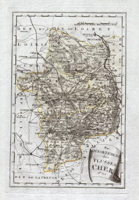 1795 Cher Bourges Saint-Amand-Montrond Vierzon carte gravure map Karte engraving