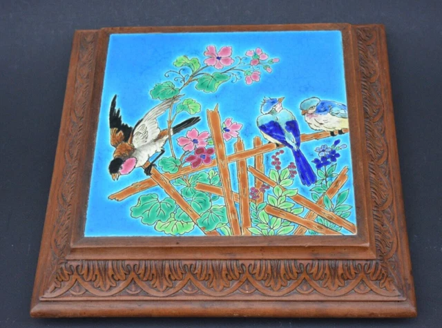 ANCIEN GRAND PLAT rond en émaux de LONGWY signé 36cm Décor d'oiseaux