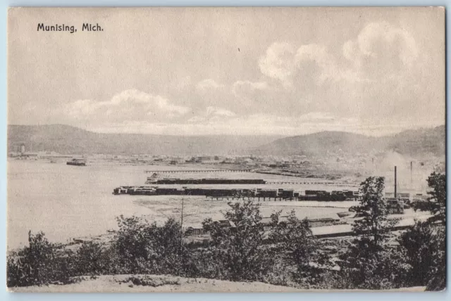 Munising Michigan MI Postcard Bird's Eye View Of Harbor Boat c1910's Antique