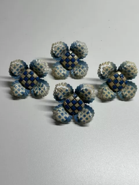 Vintage Drapery Curtain Push Pin Tie Backs Flowers Blue & White Set Of 4
