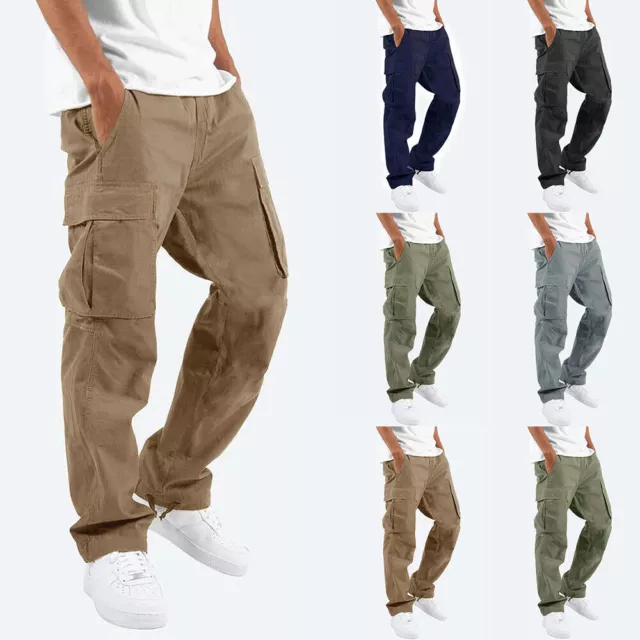 Mens Elasticated Waist Cargo Pants Straight Combat Chinos Work Bottoms Trousers