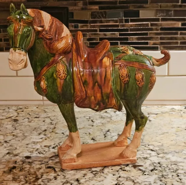 VTG Chinese Tang Dynasty Style Sancai Glazed Pottery War Horse Figure 14”