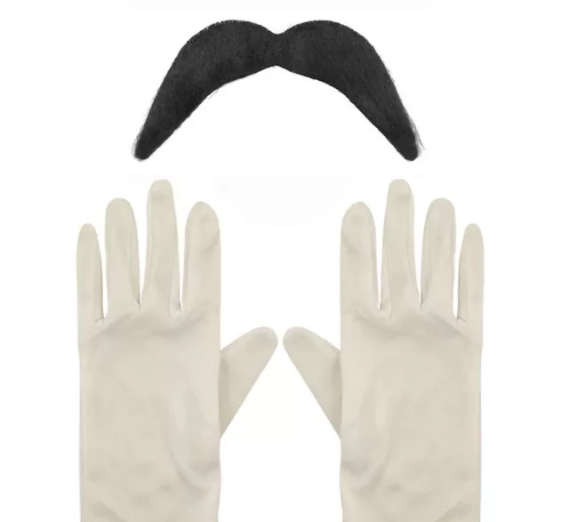 Adults White Gloves & Black Moustache Tash Super Mario Luigi Fancy Dress Set