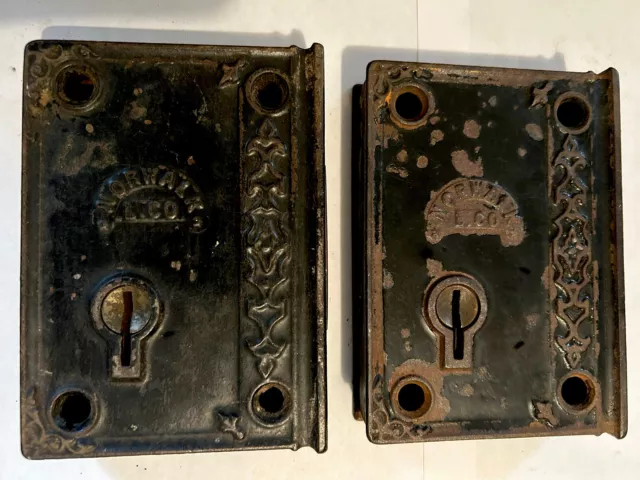 Rare Pair (2) Norwalk Ornate Victorian Old Antique Door Cast Iron Rim Lock Latch