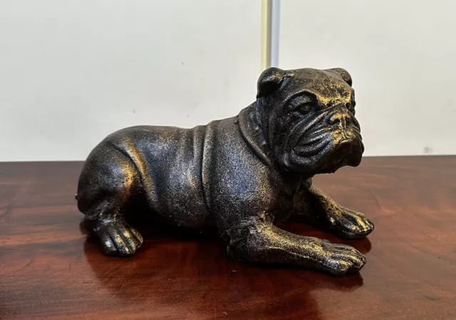 Fabulous Cast Figure Of A Bulldog Dog Sculpture Lying Detailed Heavy Bronzed