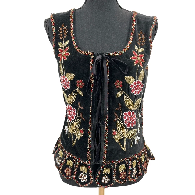 Vintage J. Peterman Black Velvet Beaded Floral Bustier Style Lace Up Top Sz. 6