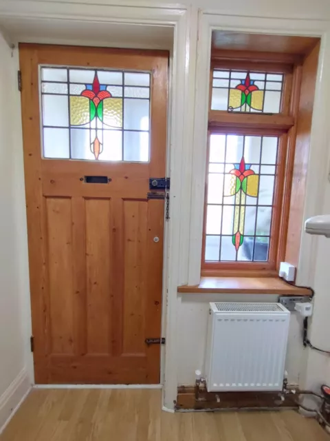 1930s Stained Leaded Glass Front Wooden Door With Side Window Two Locks And Keys