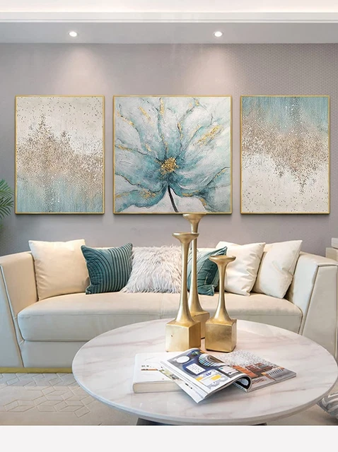 Hand Painted Flower Canvas Wall Art for Living Room - Framed Blue Floral Oil Pai
