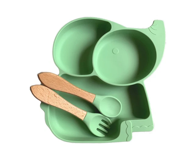 Babyteller,Silikon Teller mit Saugnapf, Babybesteck,Kinderteller, Elefanten Grün
