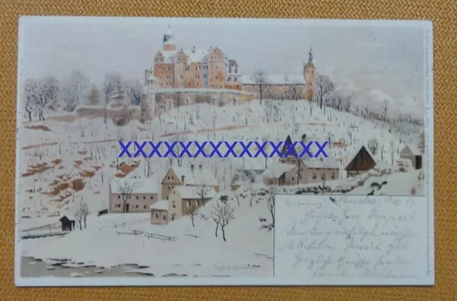 AK Litho Foto Karte Gruss aus Rochsburg Sachsen Burg im Winter Meissner&Buch ALT
