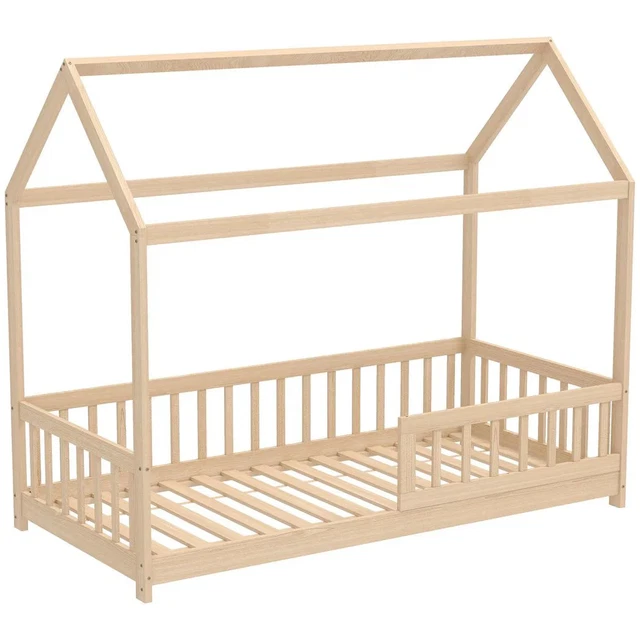 HOUSE-SHAPED KIDS BED Frame with Guard Rails Solid Pine Wood Natural ...