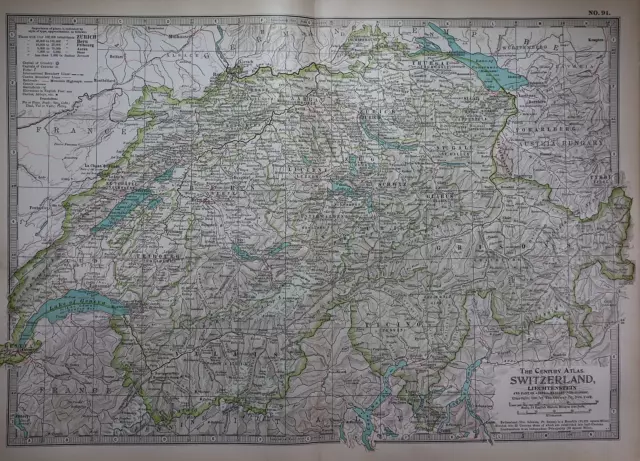Old 1902 Century Atlas Map ~ SWITZERLAND - LIECHTENSTEIN ~ (12x16) -#1159