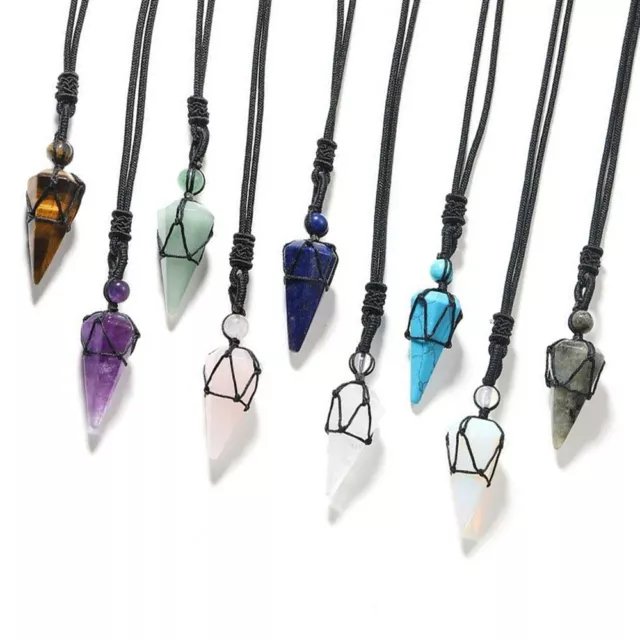 Natural Gemstone Crystal Healing Cone Hexagonal Point Pendant Wrap Necklace