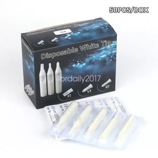 50 piezas Boquilla de Tatuaje Desechable Plástico Blanco Estéril Puntas de Tubo RT FT DT