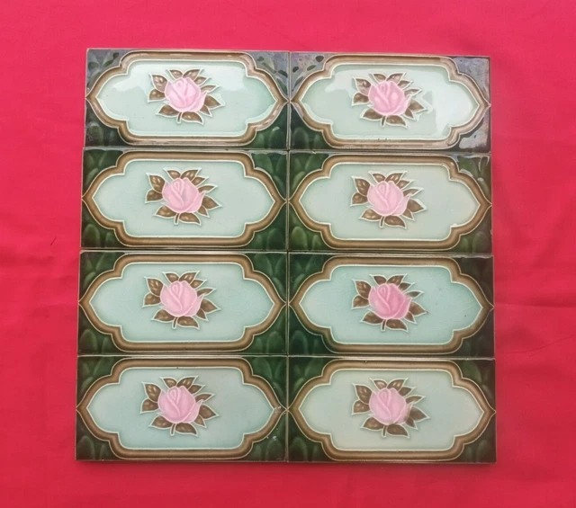 8 Piece Lot Old Art Floral Design Majolica Ceramic Tiles Japan 0174