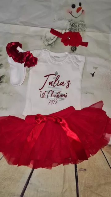 Personalised Luxury Baby Girls My 1st First Christmas Outfit Vest Tutu Skirt Red