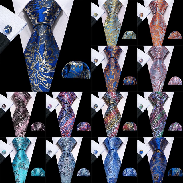 Mens Silk Tie Set Red Necktie Hanky Cufflinks Solid Paisley Floral Wedding Party