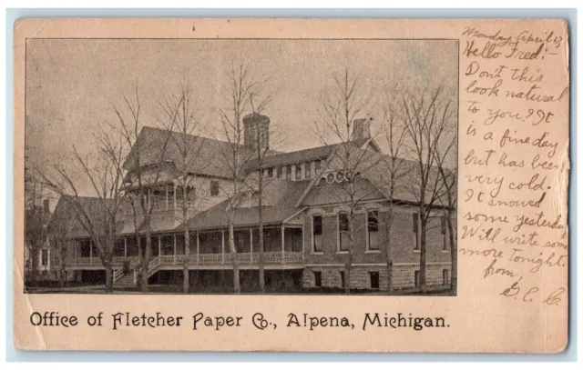 Alpena Michigan MI Postcard Office Of Fletcher Paper Company Exterior Scene 1911