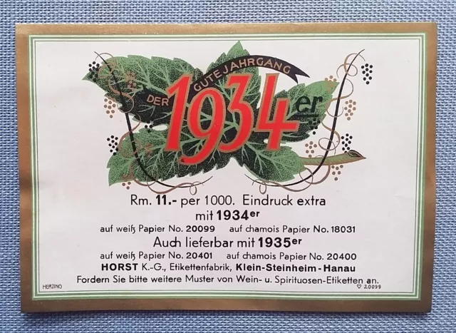 Ancien Étiquette de Vin Musteretikett Étiquette Label 1934 Horst KG Steinheim