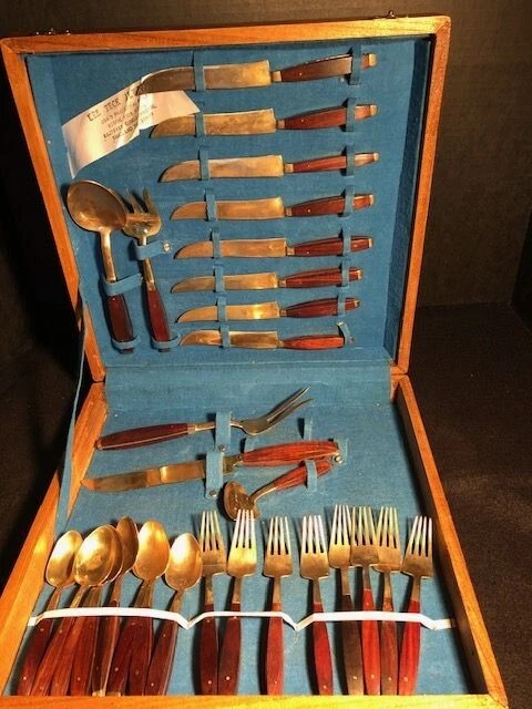 Mid 20th Century Thailand Brass & Teak Barbeque/Dessert Flatware Set