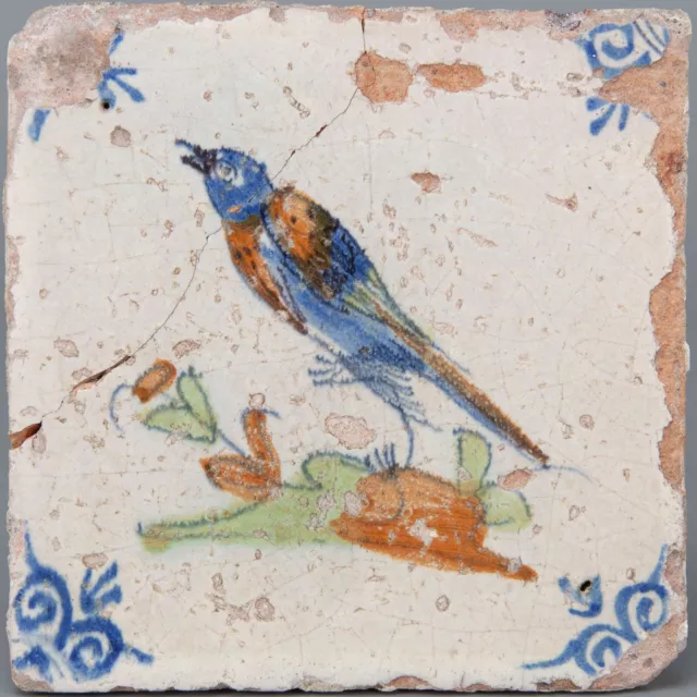 Nice Dutch Delft polychrome tile, bird, mid 17th century.