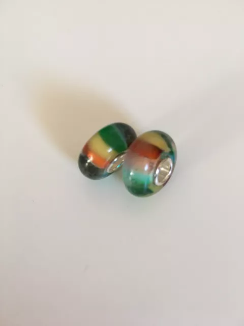 925 Sterling Silver Core, Murano Lampwork Glass Charm Beads x2