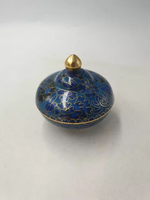 Chinese Cloisonne Enamel Footed Lidded Trinket Box Shades of Blue Gold Floral