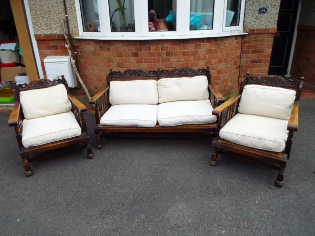 OAK BERGERE THREE PIECE CANED SUITE - PROBABLY 1920s - COLLECTION ONLY