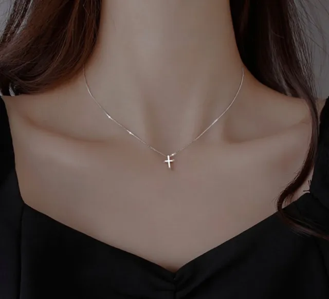 Tiny Cross Pendant 925 Sterling Silver Chain Necklace Womens Jewellery Gifts UK 2