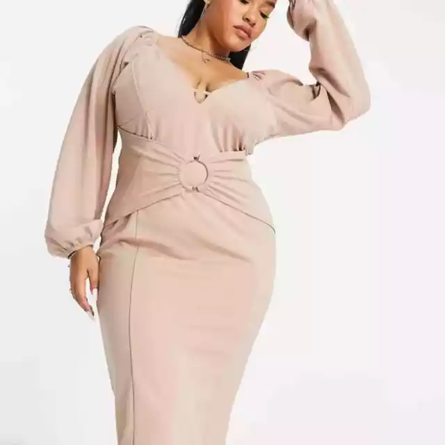 ASOS Design Curve Long Sleeve Cupped Ring Midi Pencil Dress in Taupe Beige