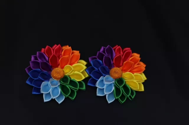 Pair of Handmade Girl's Flower hair bobbles / bow Kanzashi - rainbow