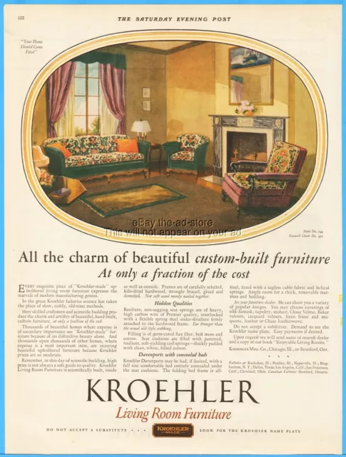 1927 Kroehler Furniture Living Room Suite 744 Coxwell Chair No 350 Vintage Ad