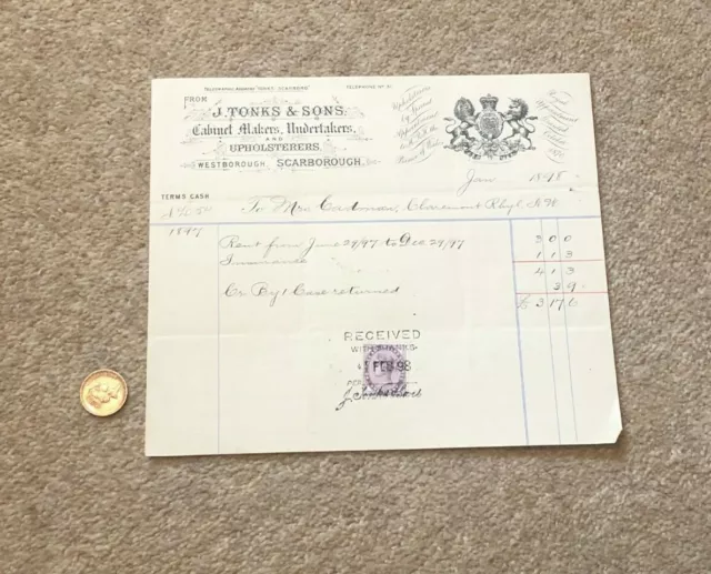 1898 Pictorial Invoice Tonks & Sons Scarborough Revenue Stamp Receipt