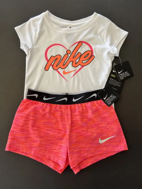 Nike Girl Shirt & Shorts Set Dry-fit Girl Size 4 Pink White Bright Mango TAGS