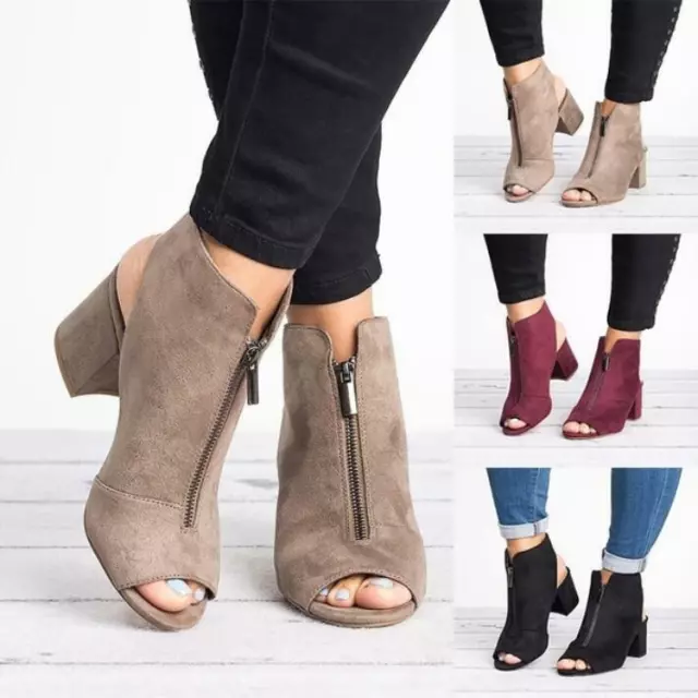 Fashion Women Peep Toe Ankle Boots Mid Chunky Heel Sandals Casual Zip Shoes Size