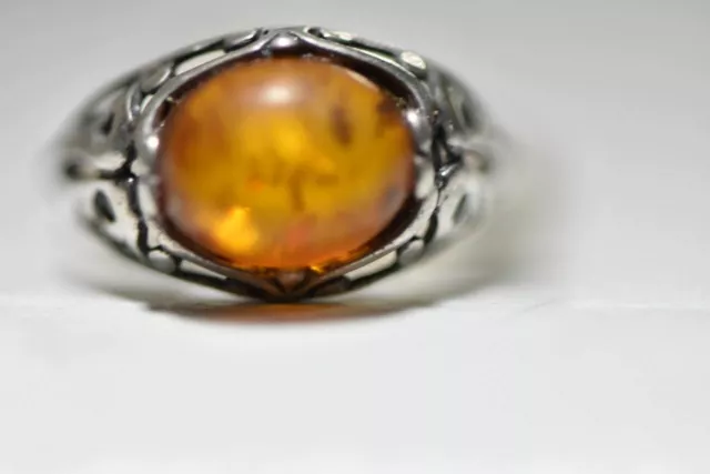 Amber ring Floral Art Nouveau Deco Pinky Sterling Silver Women Size 5.75