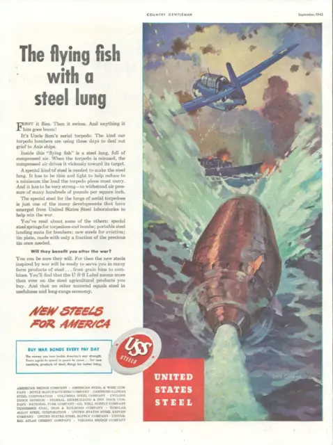 1943 WWII Torpedo Bombers planes PRINT AD sinking ship BUY WAR BONDS military