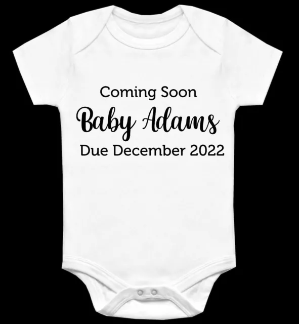 Coming Soon Baby Announcement Vest Personalised Printed Due Birth Boy Girl White