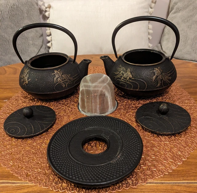 TEAVANA? TETSABIN? TWO Japanese Cast Iron Koi Teapots 1 Infuser And 1