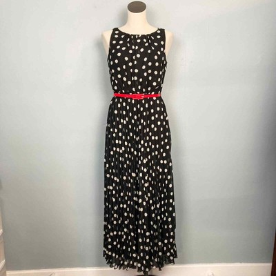 Christopher & Banks Black White Dot Accordion Pleated Maxi Dress Size 6 Red Belt