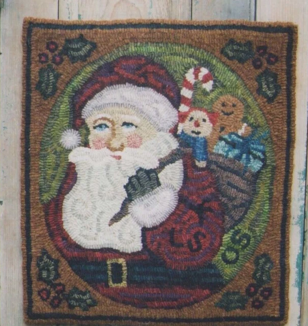 Antigua alfombra de algodón de lana primitiva de Santa con juguetes y bolso arte popular