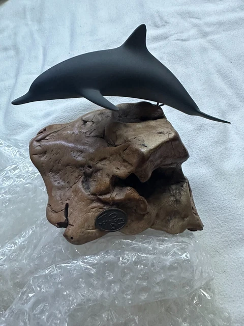 Vintage Grey Dolphin Sculpture Figurine JOHN PERRY on Burl Drift Wood