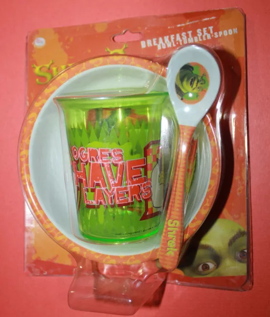 NEW 2004 Shrek & Donkey 3 Pc ZAK DESIGNS Breakfast Dish Set Bowl Tumbler Spoon