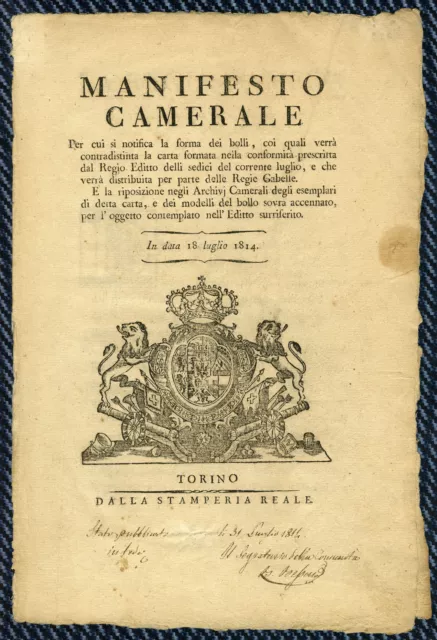 Regno di Piemonte-Sardegna - Manifesto camerale - Forma dei bolli - luglio 1814