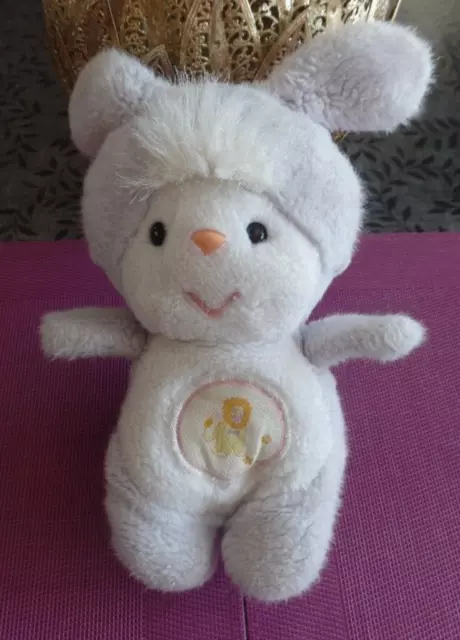 S2 / doudou peluche lapin mauve parme motif lion AJENA vintage ancien