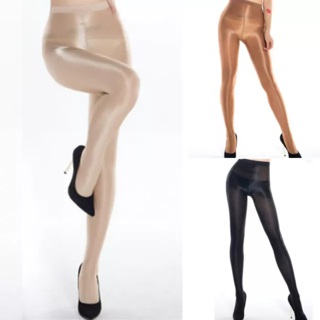 Womens Glossy See-through Pantyhose Solid Color Stretchy Zipper Tights Pants